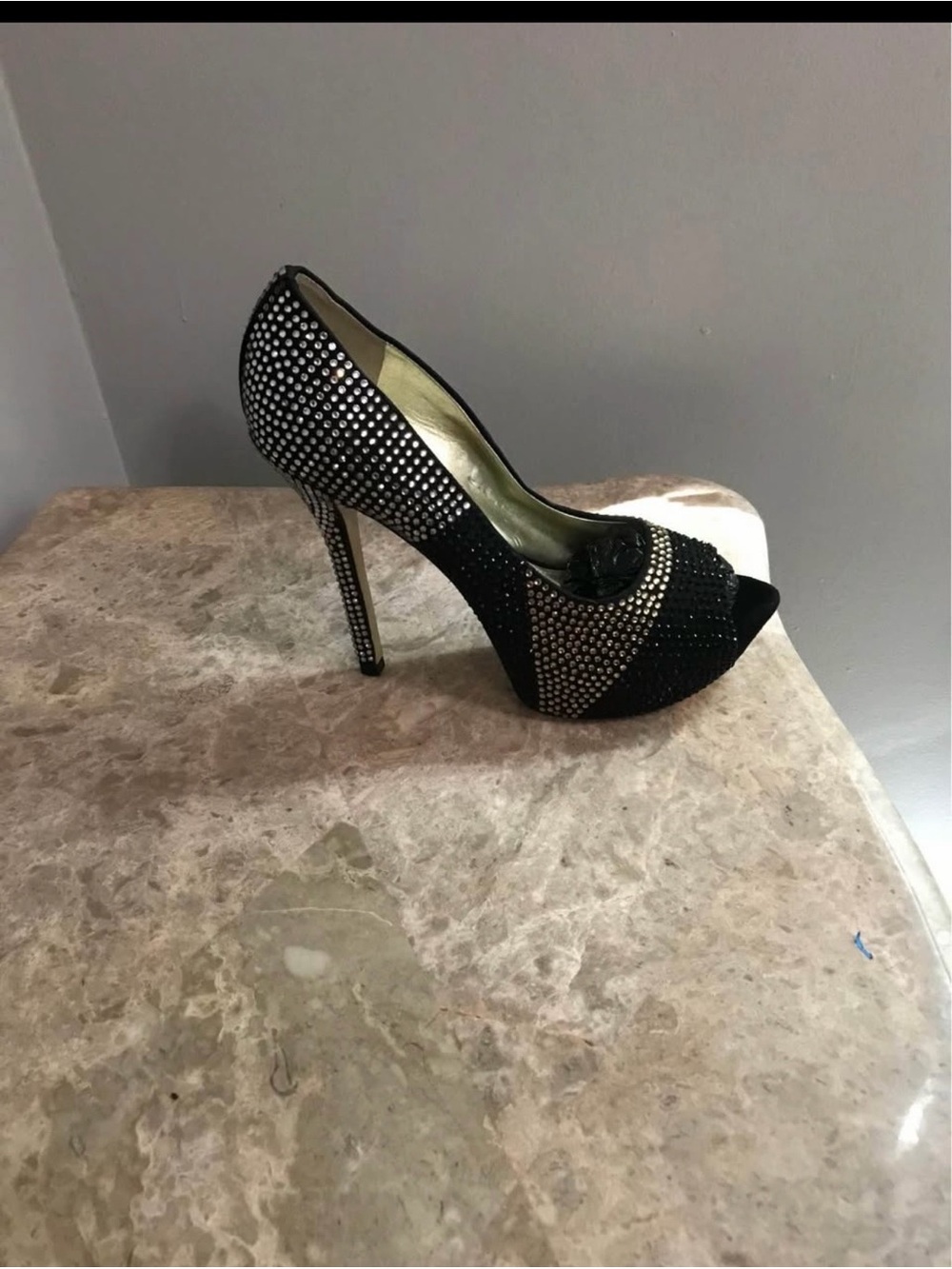 Enzo Angiolini Black Crystal Peep-Toe Stiletto Heels